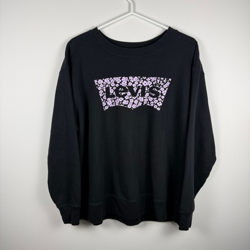 Levis Womens Black Floral Batwing Logo Crewneck‎ Sweatshirt 1X 86920-0024